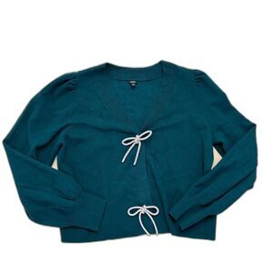 Chic VGUC Express V-Neck Embellished Bow Cardigan – Deep Blue-Green Women XL